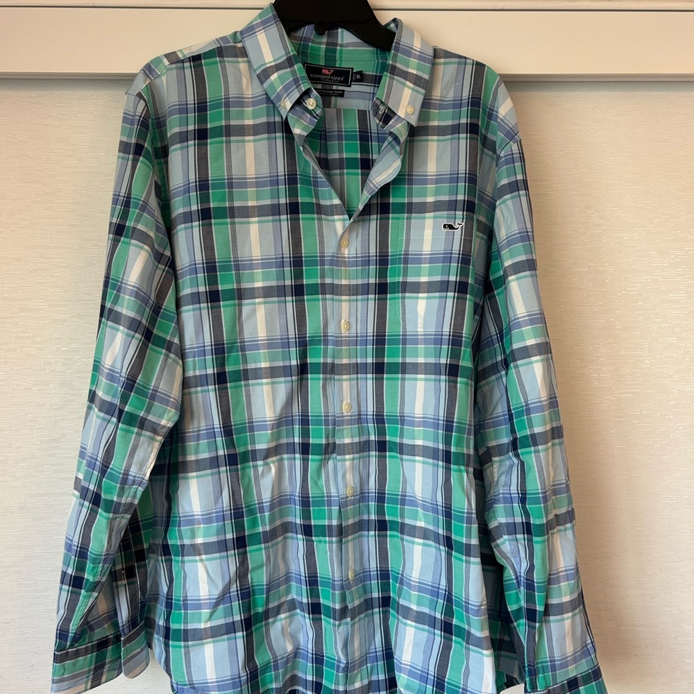 Vineyard Vines Men's Plaid Shirt - Green and Blue XL